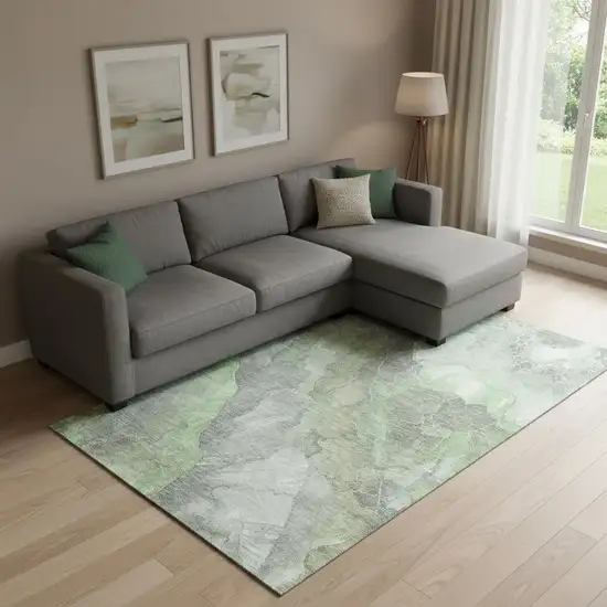 Green Gray And Ivory Floral Washable Area Rug With UV Protection Photo 2