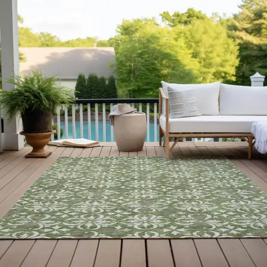 Green Gray And Ivory Floral Washable Indoor Outdoor Area Rug Photo 9