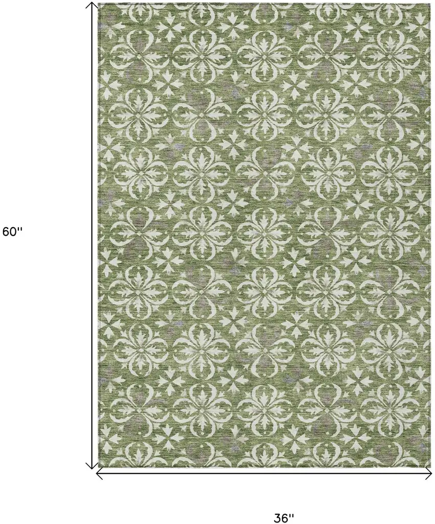 Green Gray And Ivory Floral Washable Indoor Outdoor Area Rug Photo 3