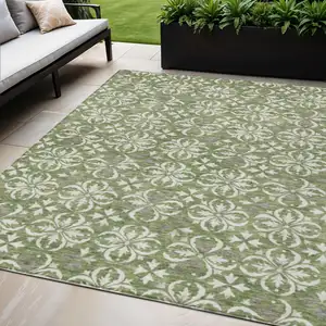 Photo of Green Gray And Ivory Floral Washable Indoor Outdoor Area Rug