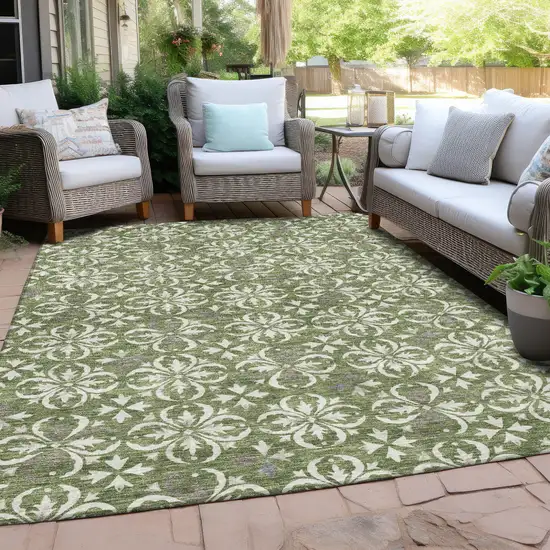Green Gray And Ivory Floral Washable Indoor Outdoor Area Rug Photo 7