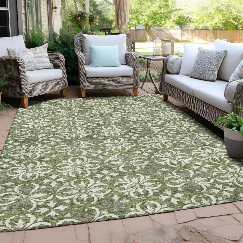 Green Gray And Ivory Floral Washable Indoor Outdoor Area Rug Photo 7