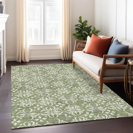 Green Gray And Ivory Floral Washable Indoor Outdoor Area Rug Photo 9