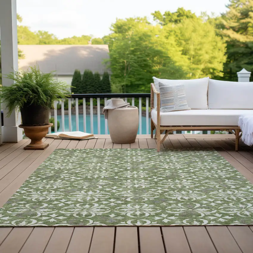 Green Gray And Ivory Floral Washable Indoor Outdoor Area Rug Photo 9