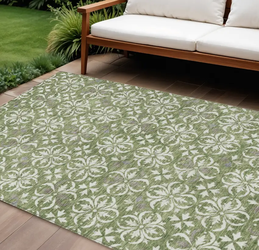 Green Gray And Ivory Floral Washable Indoor Outdoor Area Rug Photo 1