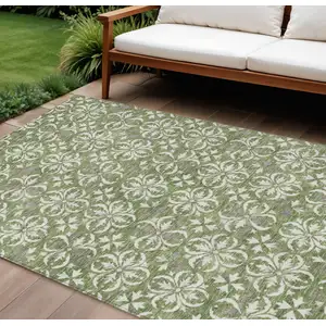 Photo of Green Gray And Ivory Floral Washable Indoor Outdoor Area Rug