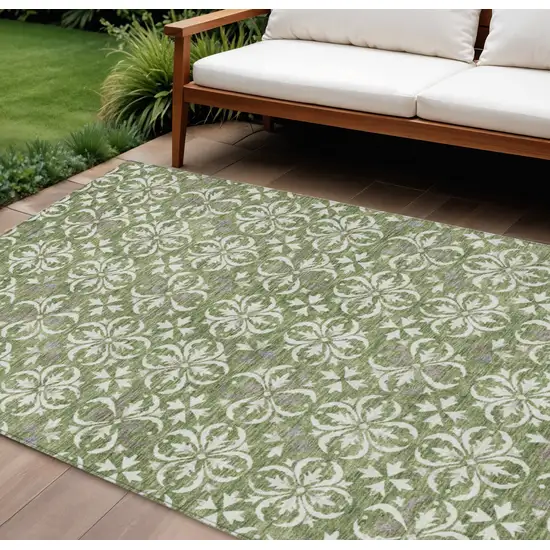 Green Gray And Ivory Floral Washable Indoor Outdoor Area Rug Photo 1
