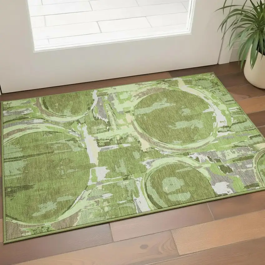 Green Gray And Ivory Geometric Washable Area Rug With UV Protection Photo 2
