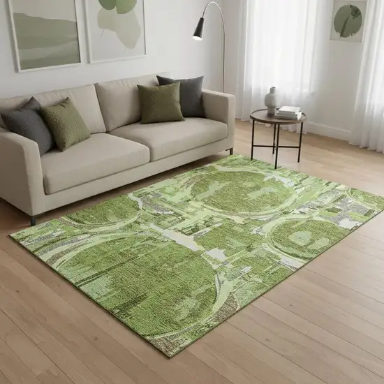 Green Gray And Ivory Geometric Washable Area Rug With UV Protection Photo 2