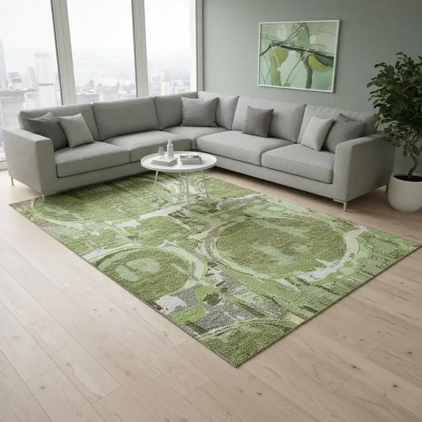 Green Gray And Ivory Geometric Washable Area Rug With UV Protection Photo 2