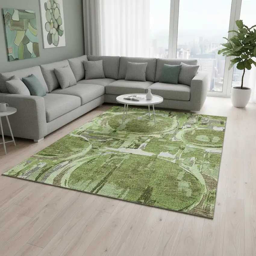 Green Gray And Ivory Geometric Washable Area Rug With UV Protection Photo 2