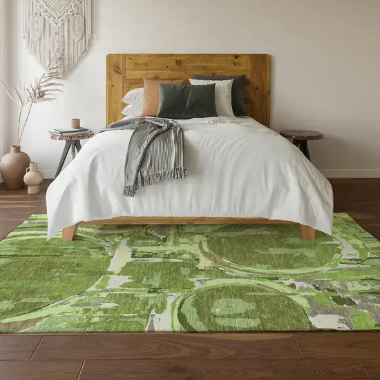 Green Gray And Ivory Geometric Washable Area Rug With UV Protection Photo 6