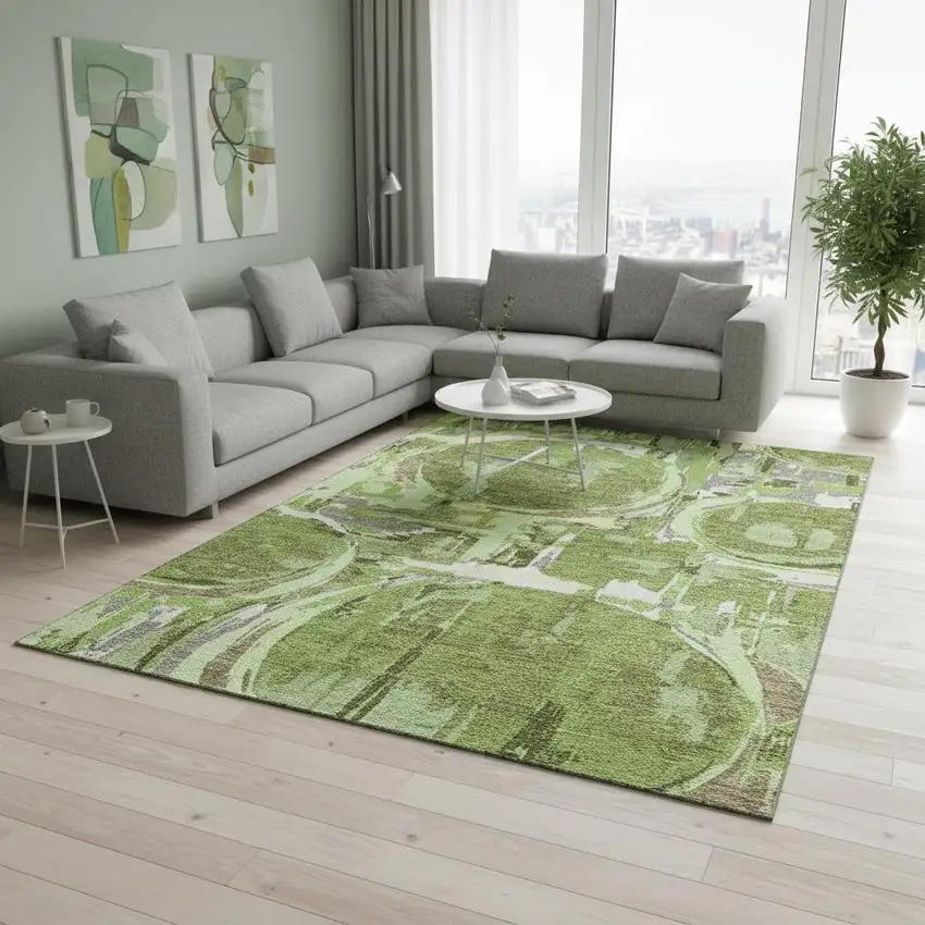 Green Gray And Ivory Geometric Washable Area Rug With UV Protection Photo 2