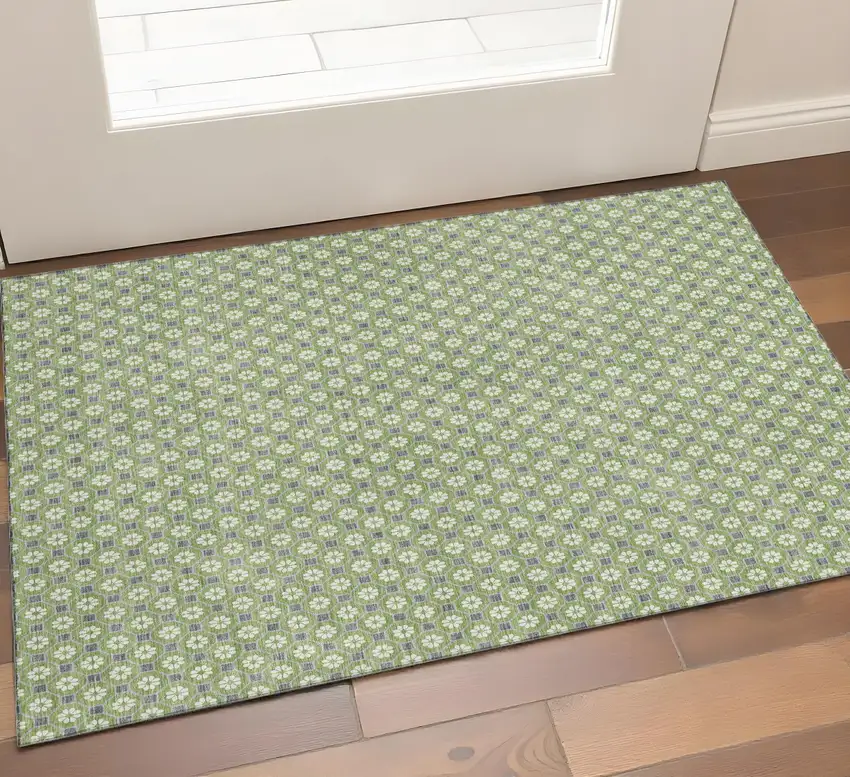 Green Gray And Ivory Geometric Washable Area Rug With UV Protection Photo 1