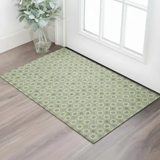 Green Gray And Ivory Geometric Washable Area Rug With UV Protection Photo 2