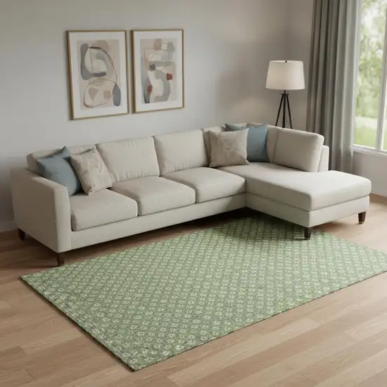 Green Gray And Ivory Geometric Washable Area Rug With UV Protection Photo 2