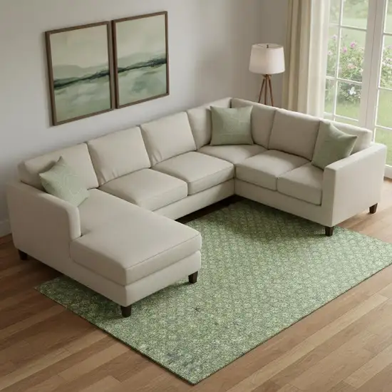 Green Gray And Ivory Geometric Washable Area Rug With UV Protection Photo 2