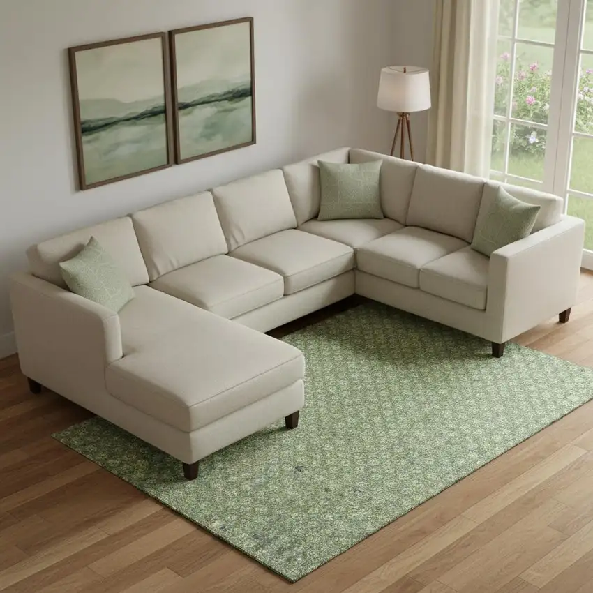 Green Gray And Ivory Geometric Washable Area Rug With UV Protection Photo 2