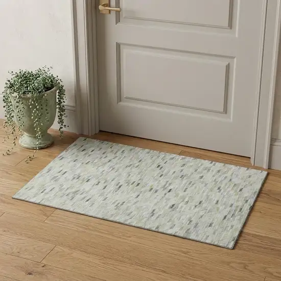 Green Gray And Ivory Geometric Washable Area Rug With UV Protection Photo 1