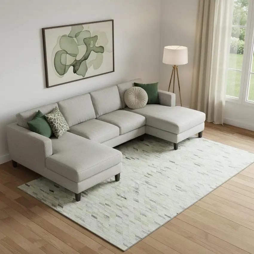 Green Gray And Ivory Geometric Washable Area Rug With UV Protection Photo 2