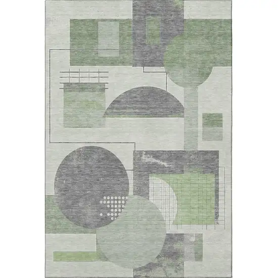 Green Gray And Ivory Geometric Washable Area Rug With UV Protection Photo 3