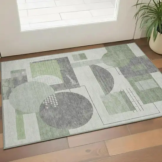 Green Gray And Ivory Geometric Washable Area Rug With UV Protection Photo 2