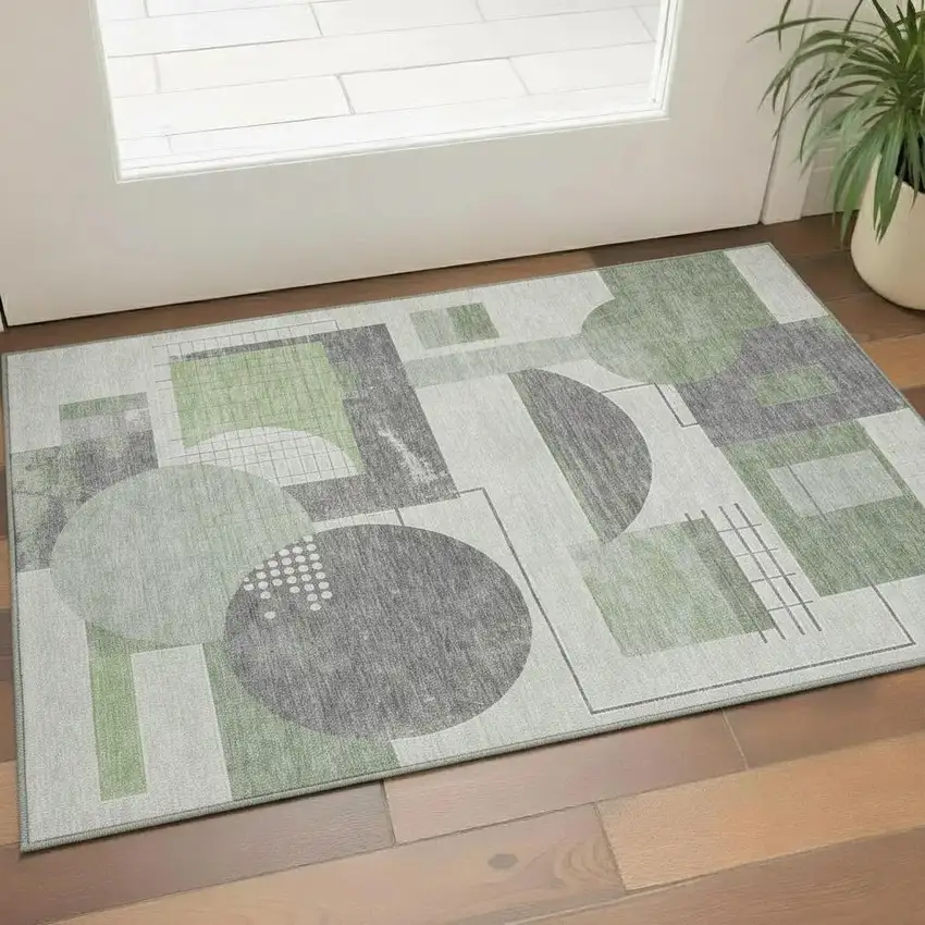 Green Gray And Ivory Geometric Washable Area Rug With UV Protection Photo 2