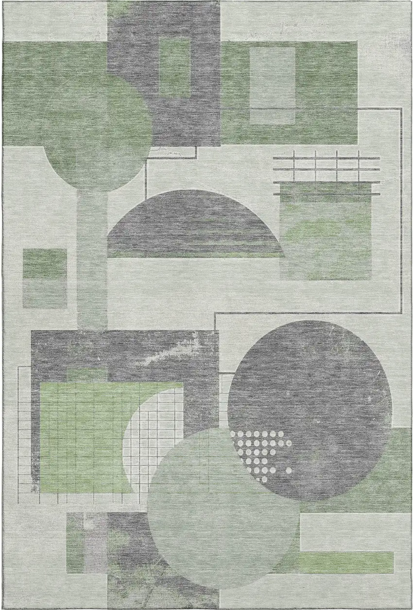 Green Gray And Ivory Geometric Washable Area Rug With UV Protection Photo 1