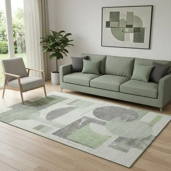 Green Gray And Ivory Geometric Washable Area Rug With UV Protection Photo 2