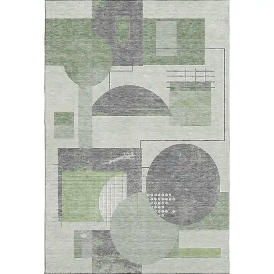 Green Gray And Ivory Geometric Washable Area Rug With UV Protection Photo 1
