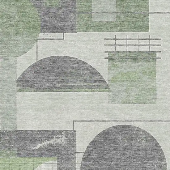 Green Gray And Ivory Geometric Washable Area Rug With UV Protection Photo 2