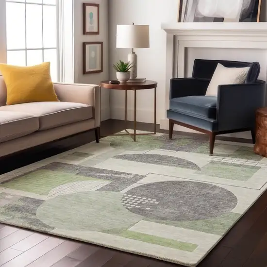 Green Gray And Ivory Geometric Washable Area Rug With UV Protection Photo 5