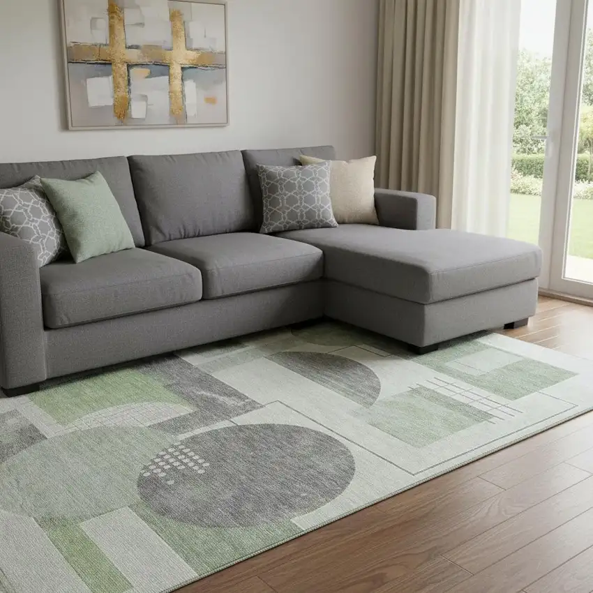 Green Gray And Ivory Geometric Washable Area Rug With UV Protection Photo 2