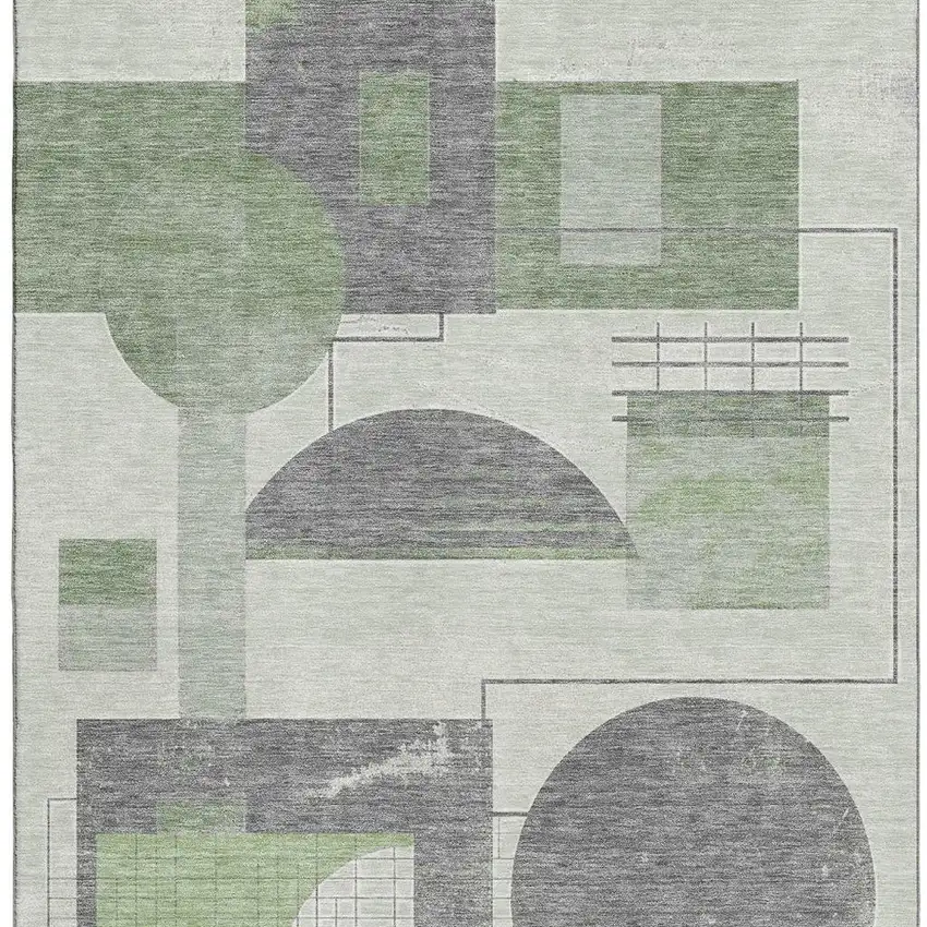 Green Gray And Ivory Geometric Washable Area Rug With UV Protection Photo 3