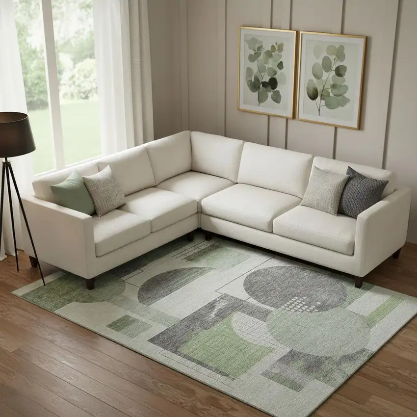 Green Gray And Ivory Geometric Washable Area Rug With UV Protection Photo 2