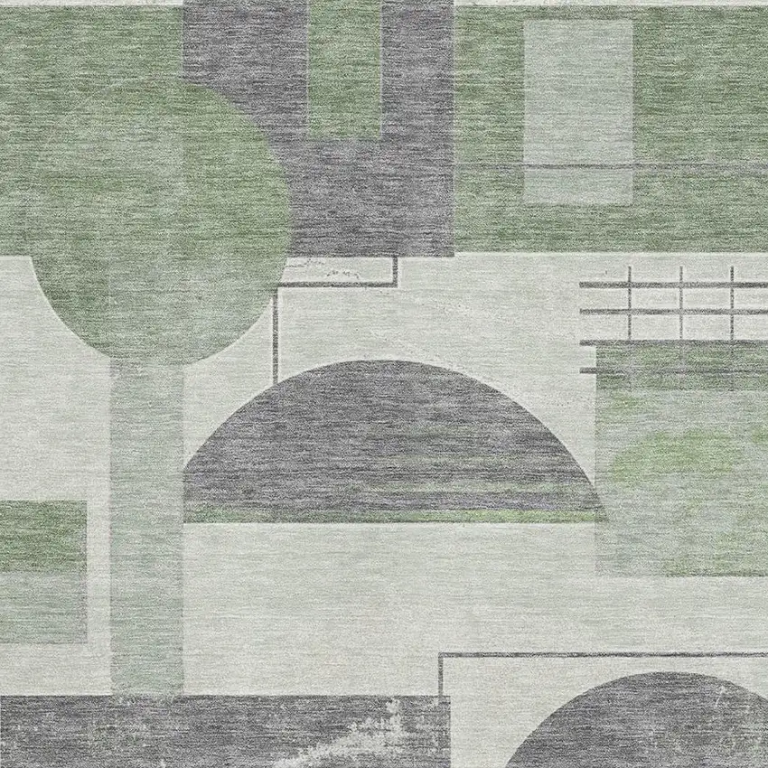 Green Gray And Ivory Geometric Washable Area Rug With UV Protection Photo 2