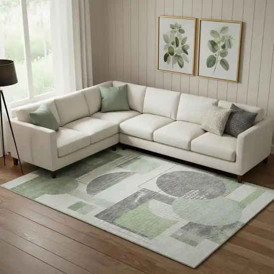 Green Gray And Ivory Geometric Washable Area Rug With UV Protection Photo 2
