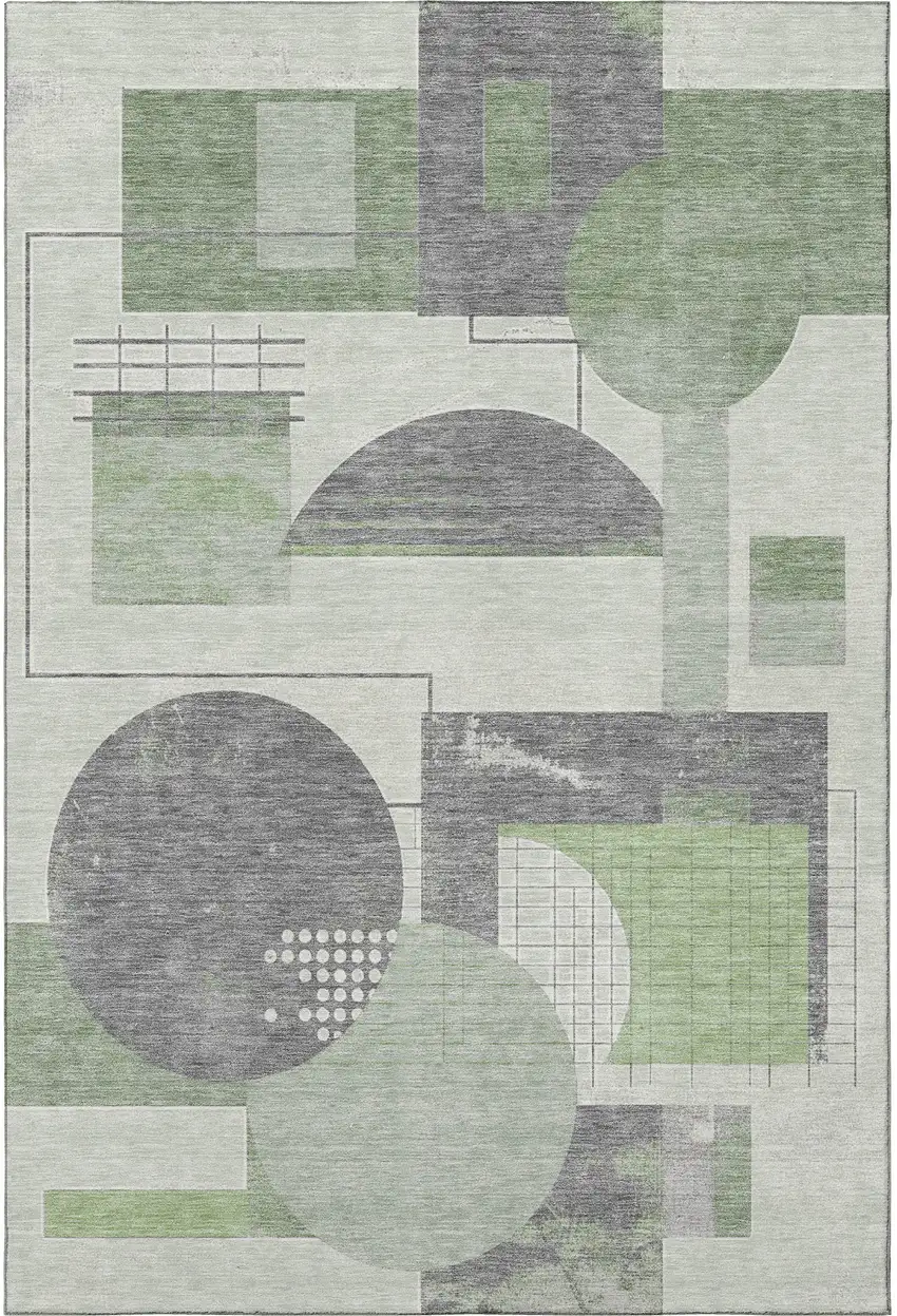 Green Gray And Ivory Geometric Washable Area Rug With UV Protection Photo 3