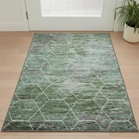 Green Gray And Ivory Geometric Washable Area Rug With UV Protection Photo 2
