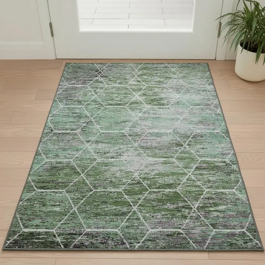 Green Gray And Ivory Geometric Washable Area Rug With UV Protection Photo 2