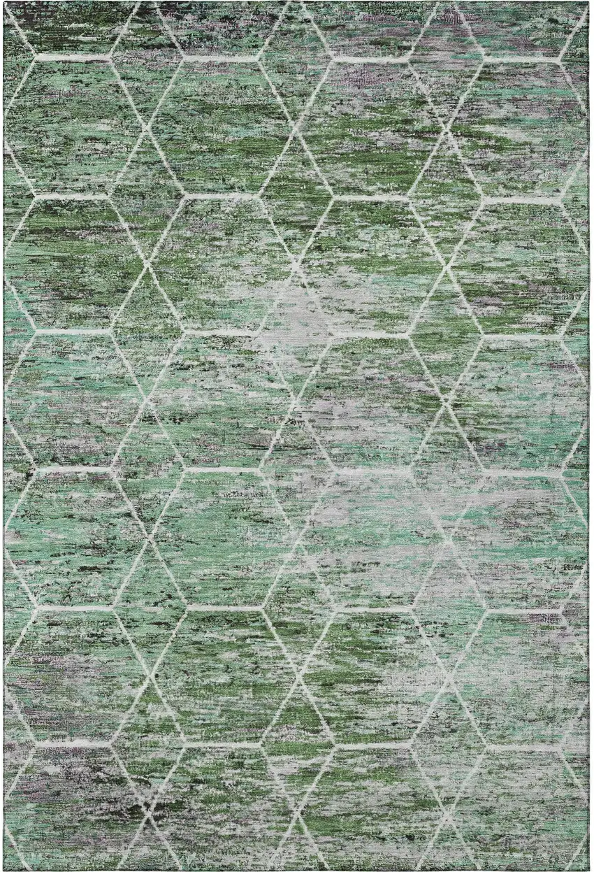 Green Gray And Ivory Geometric Washable Area Rug With UV Protection Photo 3