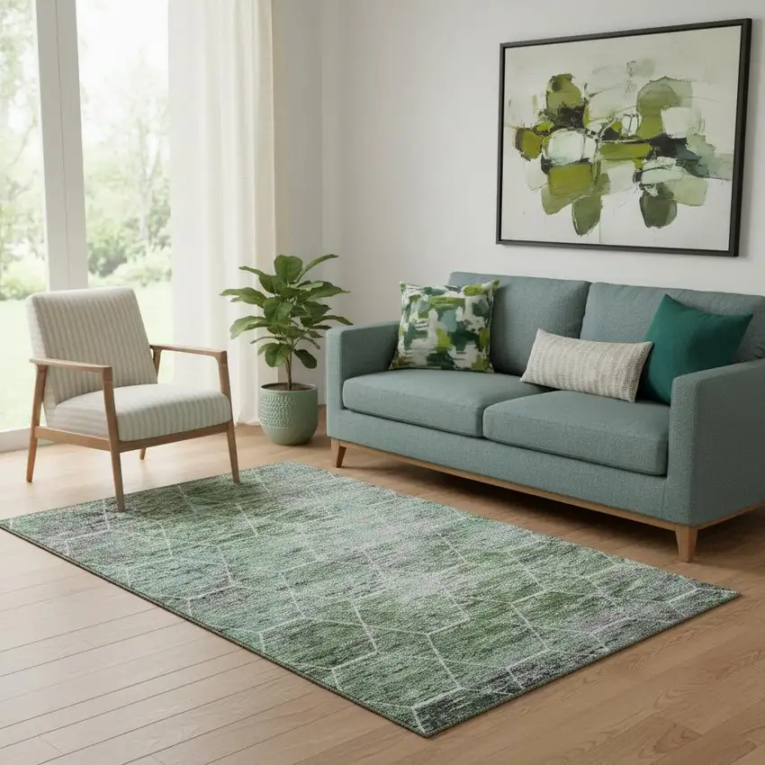 Green Gray And Ivory Geometric Washable Area Rug With UV Protection Photo 2