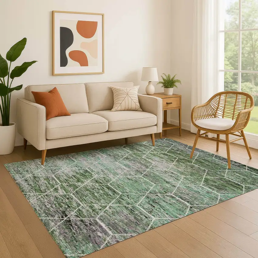Green Gray And Ivory Geometric Washable Area Rug With UV Protection Photo 4