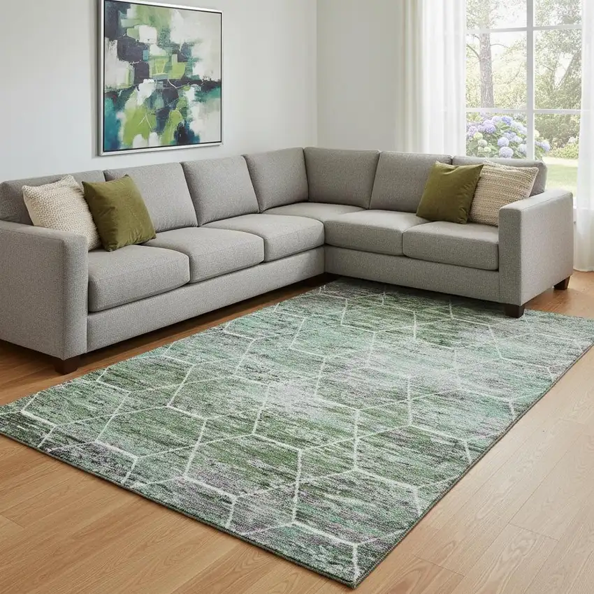 Green Gray And Ivory Geometric Washable Area Rug With UV Protection Photo 2