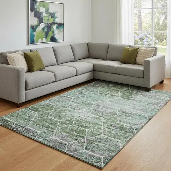 Green Gray And Ivory Geometric Washable Area Rug With UV Protection Photo 2