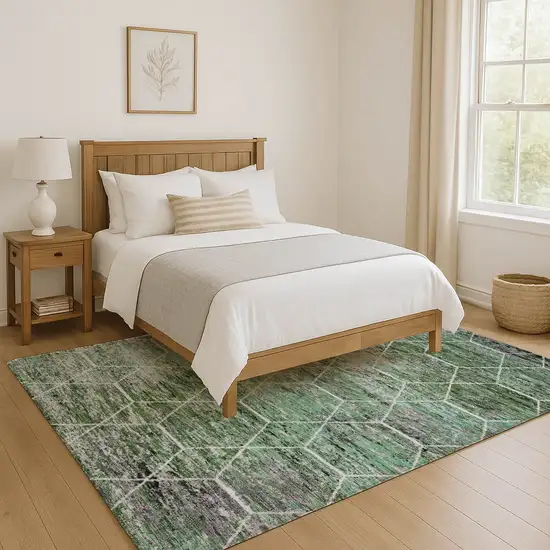 Green Gray And Ivory Geometric Washable Area Rug With UV Protection Photo 5