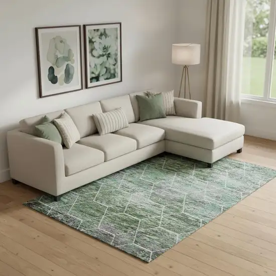 Green Gray And Ivory Geometric Washable Area Rug With UV Protection Photo 2