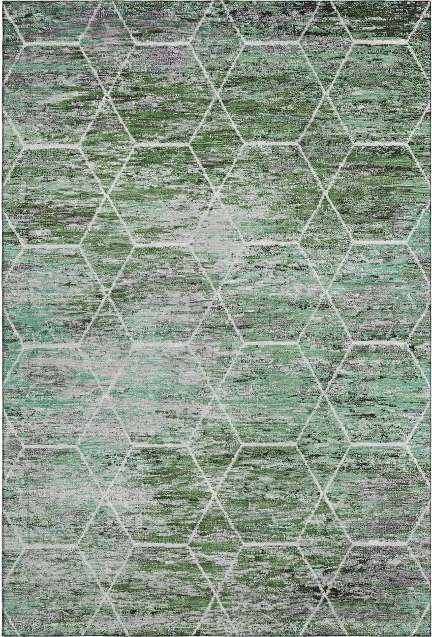 Green Gray And Ivory Geometric Washable Area Rug With UV Protection Photo 1