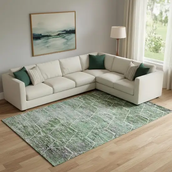 Green Gray And Ivory Geometric Washable Area Rug With UV Protection Photo 2