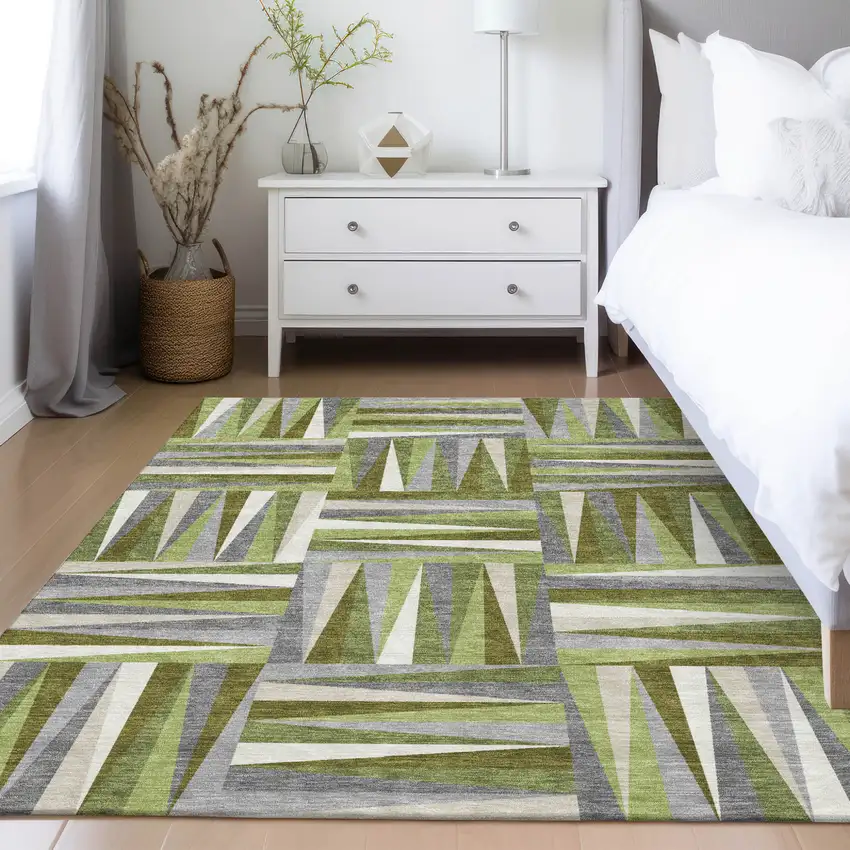 Green Gray And Ivory Geometric Washable Indoor Outdoor Area Rug Photo 9